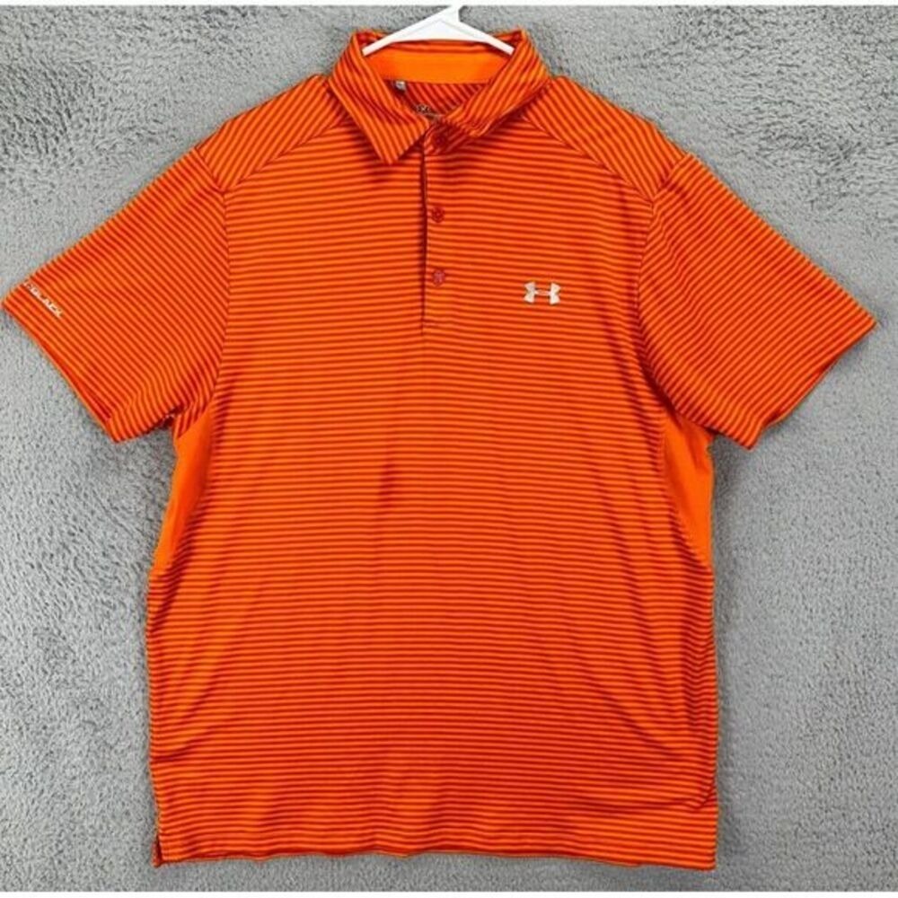 Under Armour Heat Gear Golf Polo Shirt Adult Large Orange Stripe Logo Rugby Mens